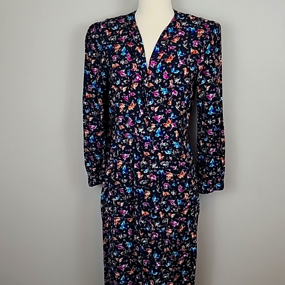 VINTAGE Periwinkle Black Floral Long Sleeve Button Down Dress